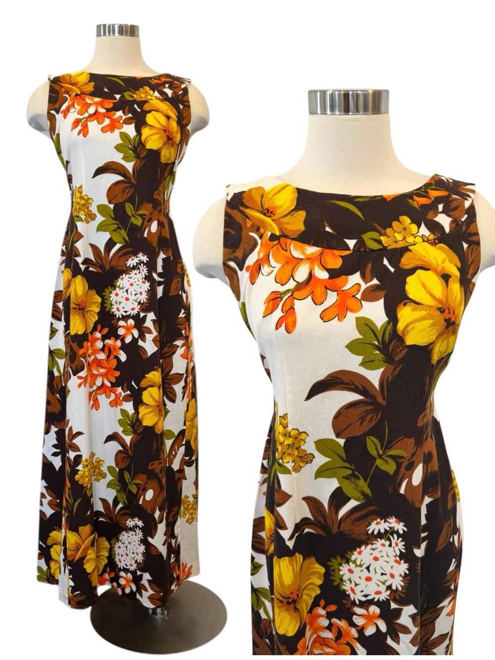Vintage Malihini Hawaii Tropical Floral Print 60s Hawaiian Honeymoon Maxi Gown